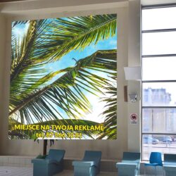 Wizualizacja reklamy w Aquaparku, fototapeta z palmami i napisem: Miejsce na Twoją reklamę